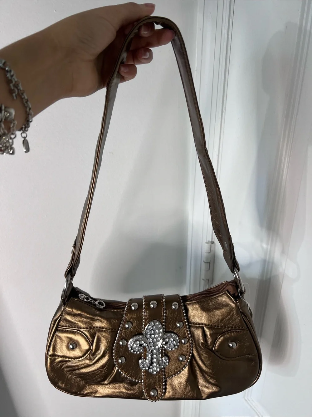 Fleur de Lis shoulder bag Metallic Bronze Shoulder Bag with Jeweled Fleur-de-Lis